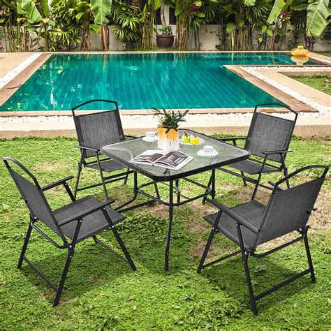 Costway Patio Dining Set for 4 Folding Chairs & Dining Table Set with Umbrella Hole - Walmart.com