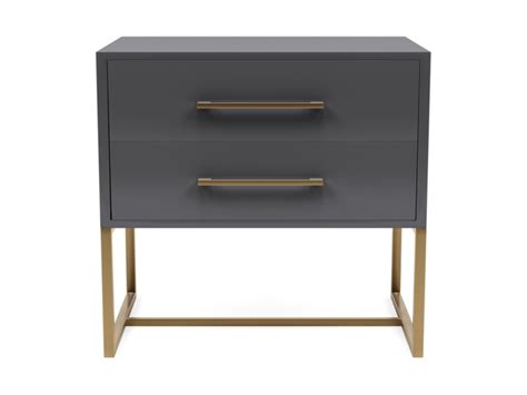 a grey and gold bedside table with two drawers on one side, the other is open