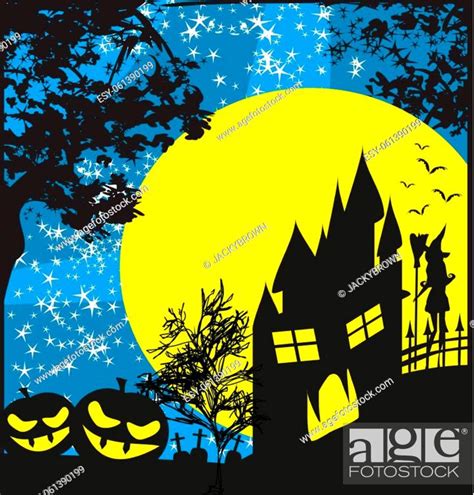 halloween invitation with haunted house, pumpkins and witch, Stock ...