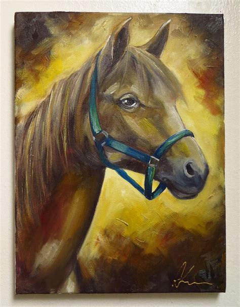 a painting of a brown horse wearing a blue bridle