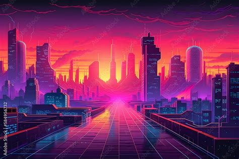 Beautiful Cyberpunk Cityscape with a sunset, Glitchy Animation style ...