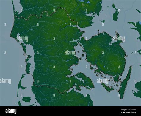 Syddanmark, region of Denmark. Colored elevation map with lakes and ...