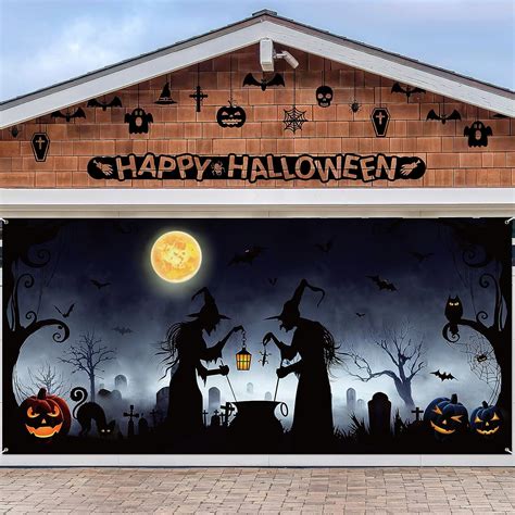 Preboun Halloween Garage Door Decorations Witch Halloween Door Cover Hanging Halloween Garage ...