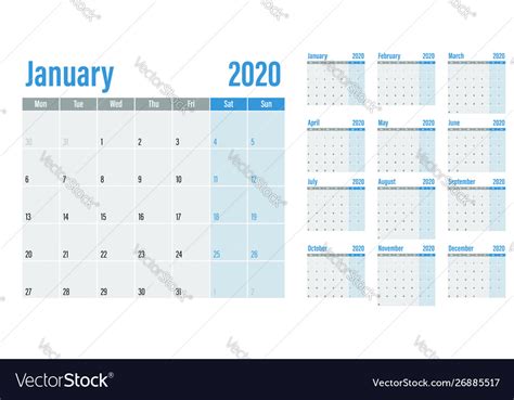 Calendar planner 2020 template Royalty Free Vector Image