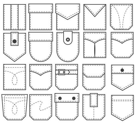 Set of pocket patches. Outline elements for uniform or casual style clothes, dresses and shirts ...