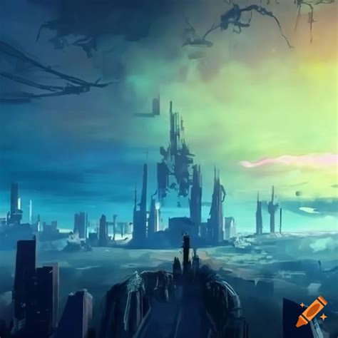 Futuristic anime city wasteland with sun