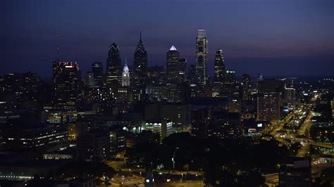 4.8K stock footage aerial video of Downtown Philadelphia skyline, Pennsylvania, Night Aerial ...