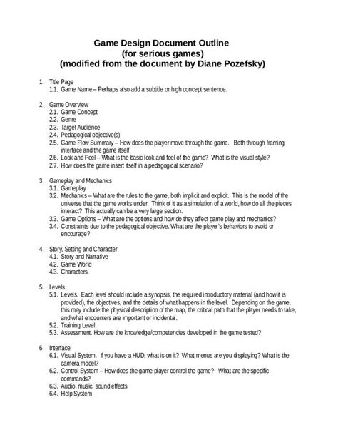 Game Design Document Outline (for serious games) (modified from the ...