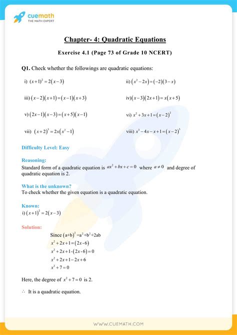 NCERT Solutions Class 10 Maths Chapter 4 Exercise 4.1 Quadratic Equations