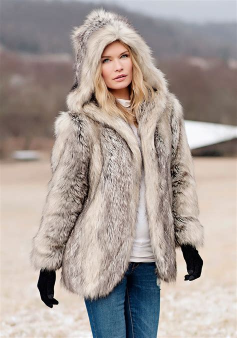 Grey Fox Hooded Faux Fur Jacket | Faux fur hooded coat, Faux fur jackets women, Ladies hooded coats