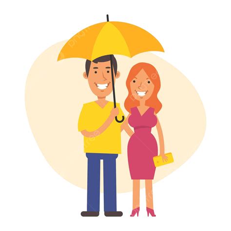 Vector Characters Of A Smiling Man And Woman Standing Together Under An Umbrella Vector, Team ...