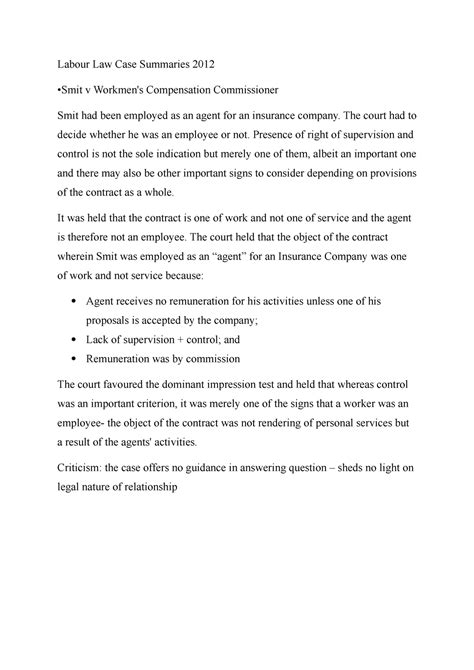 Labour Law Case Summaries - Lab321 - UWC - Studocu