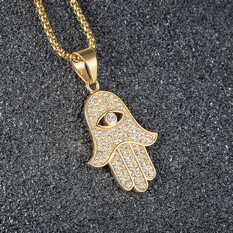 18K Gold Plated Stainless Steel Cubic Zirconia Micro Pave Hamsa Hand Evil Eye Necklace Jewelry