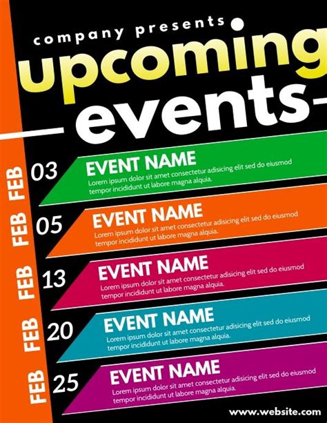 an event poster with the words upcoming events written in bold colors ...