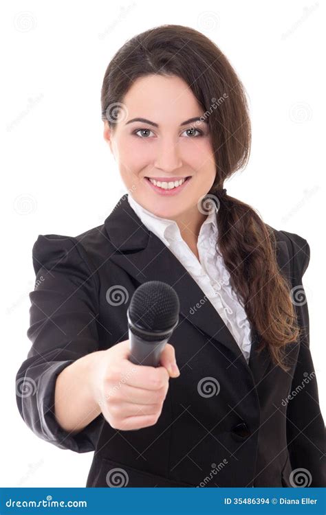 Young Beautiful Female Reporter with Microphone Isolated on Whit Stock Photo - Image of ...