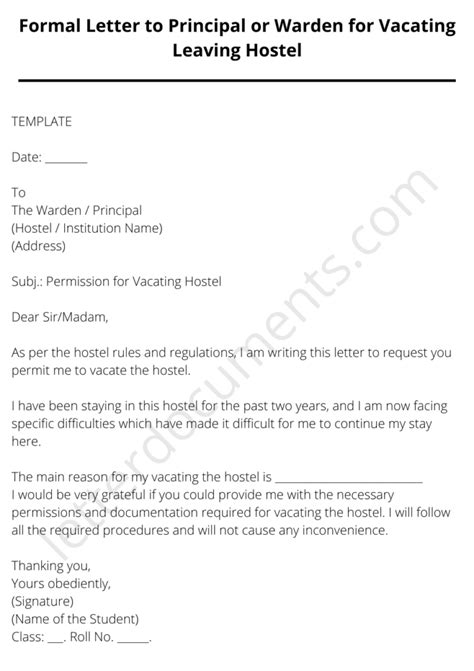 Formal Letter to Principal or Warden for Vacating Leaving Hostel ...