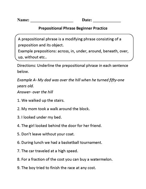 Prepositional Phrases Worksheets | Prepostional Phrase Beginner ...