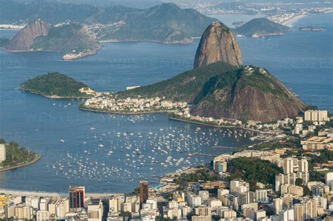 Aerial view of Sugarloaf Mountain and marina in Rio de Janeiro stock photo