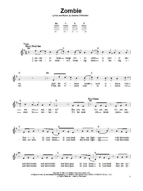 Zombie Sheet Music | The Cranberries | Easy Guitar | Sheet music, Drum sheet music, Digital ...