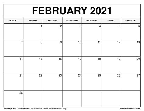 Free Printable February 2021 Calendar With Holidays - Riset