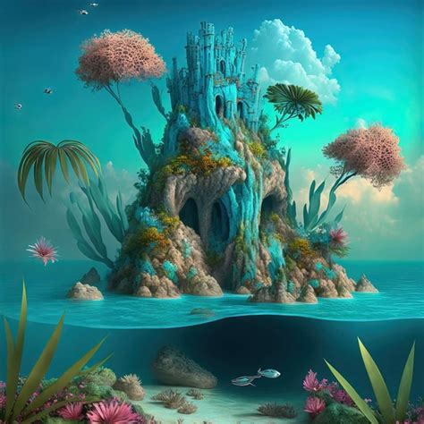 Premium AI Image | A painting of a castle in the water with plants and ...