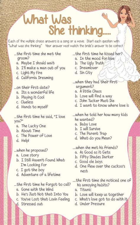 What was she Thinking Bridal Shower game. Burlap, pink, and a confused bride adorn this ...