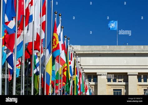 The blue United Nations flag and flags from all countries in the Court of Flags, United Nations ...