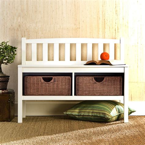 Southern Enterprises White Bench with Rattan Storage Baskets - Walmart.com