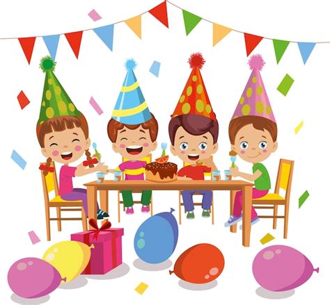 Premium Vector | Kids eating cake having birthday party