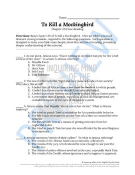 To Kill a Mockingbird Chapter 20 Close Reading Worksheet (Printable)