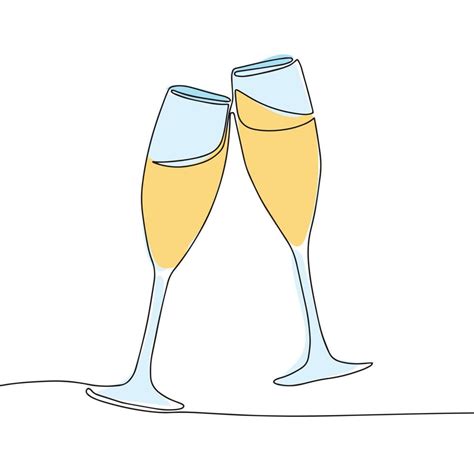 Two glasses of champagne clink. Color line art vector illustration ...