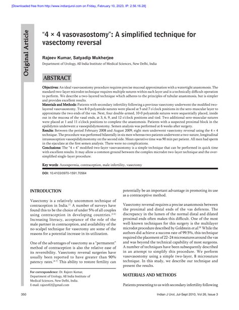 (PDF) “4 × 4 vasovasostomy”: A simplified technique for vasectomy reversal