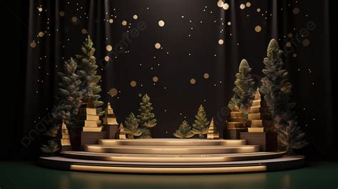 Christmas Stage Showing Gold Trees On The Stage Background, 3d Rendering Podium And Stage Theme ...