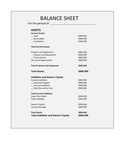 Balance sheet template in Word and Pdf formats