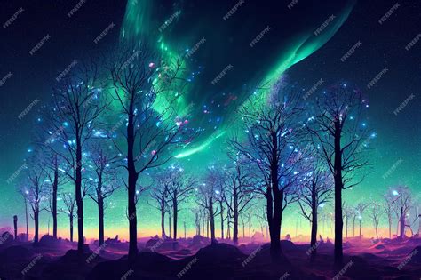 Premium Photo | 2d illustration fantasy of neon forest on beautiful sky ...