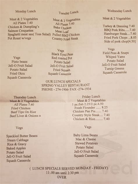 Spring Valley Restaurant menus in Greensboro, North Carolina, United States