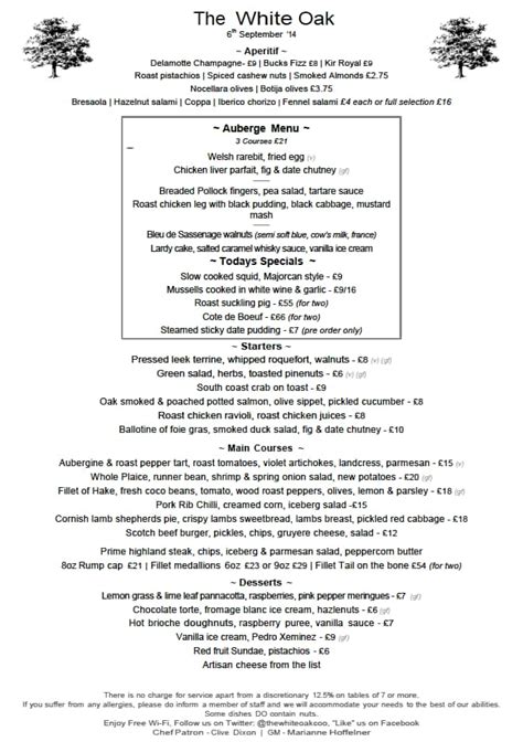 Menu at White Oak pub & bar, Cookham