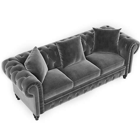 New 80″ Velvet Upholstered Sofa Chesterfield Design with Roll Arm and 3 Pillows Suitable for ...