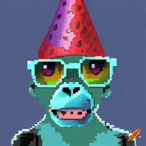 Cyan gorilla tag monkey with rainbow party hat and sunglasses in pixelated 2d art style on Craiyon