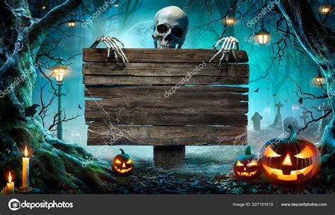 Halloween Party Card Pumpkins Skeleton Graveyard Night Wooden Board Stock Photo by ©rfphoto ...