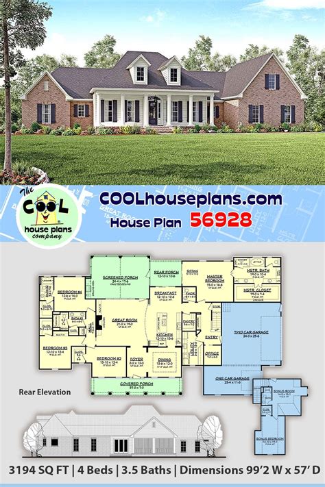 Traditional Style House Plan 56928 with 4 Bed, 4 Bath, 3 Car Garage in 2020 | House plans, Best ...