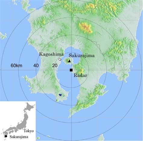 Map of Sakurajima volcano eruptions and X-band polarimetric weather radar. | Download Scientific ...