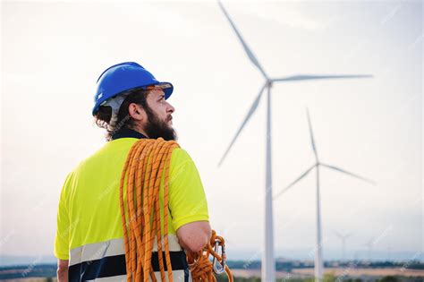 Premium Photo | Back view of windmill turbine maintenance engineer standing wearing a hard hat ...