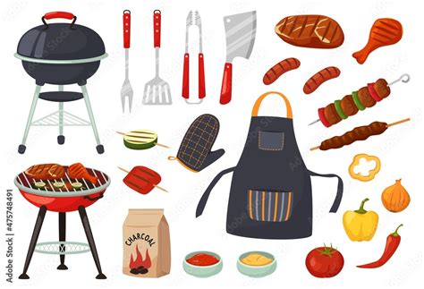 Cartoon barbecue equipment, outdoor bbq picnic elements. Grilled steak and vegetables, barbecued ...