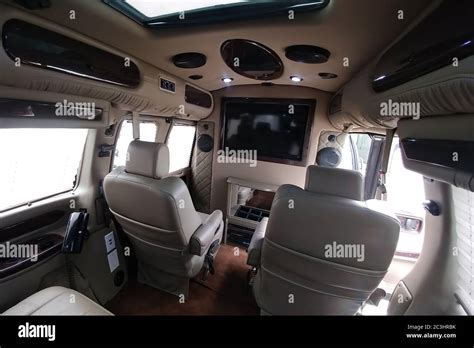 Moscow, Russia - May 2, 2019: GMC Savana/ Chevrolet Express tuning interior. Custom tuned ...