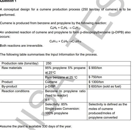 Solved A conceptual design for a cumene production process ( | Chegg.com