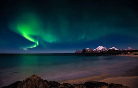 Wallpaper sky, coast, night, snow, stars, arctic, aurora borealis ...