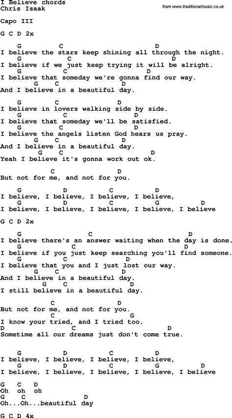 Song lyrics with guitar chords for I Believe