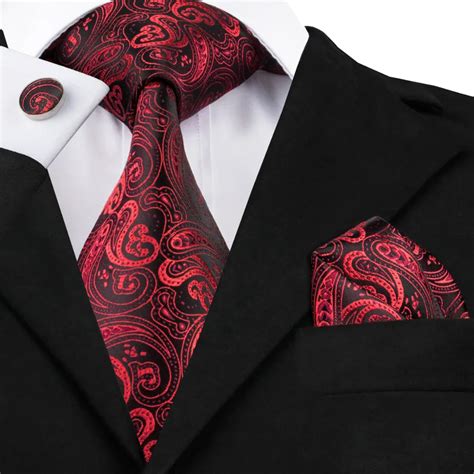 2017 Fashion red&black Paisley Tie Hanky Cufflinks Silk Necktie Ties For Men Formal Business ...