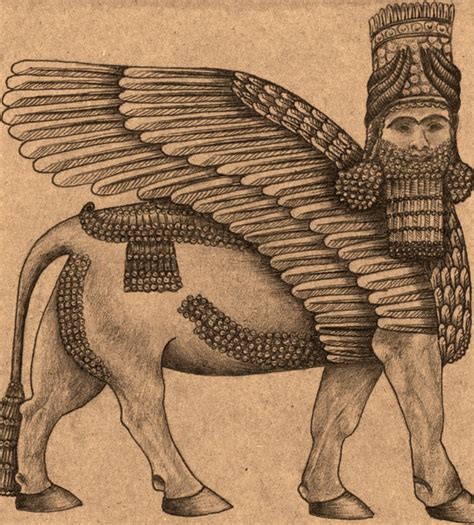 Items similar to Lamassu Mythological Creature Sumerian Assyrian Babylonian for him Art Drawing ...